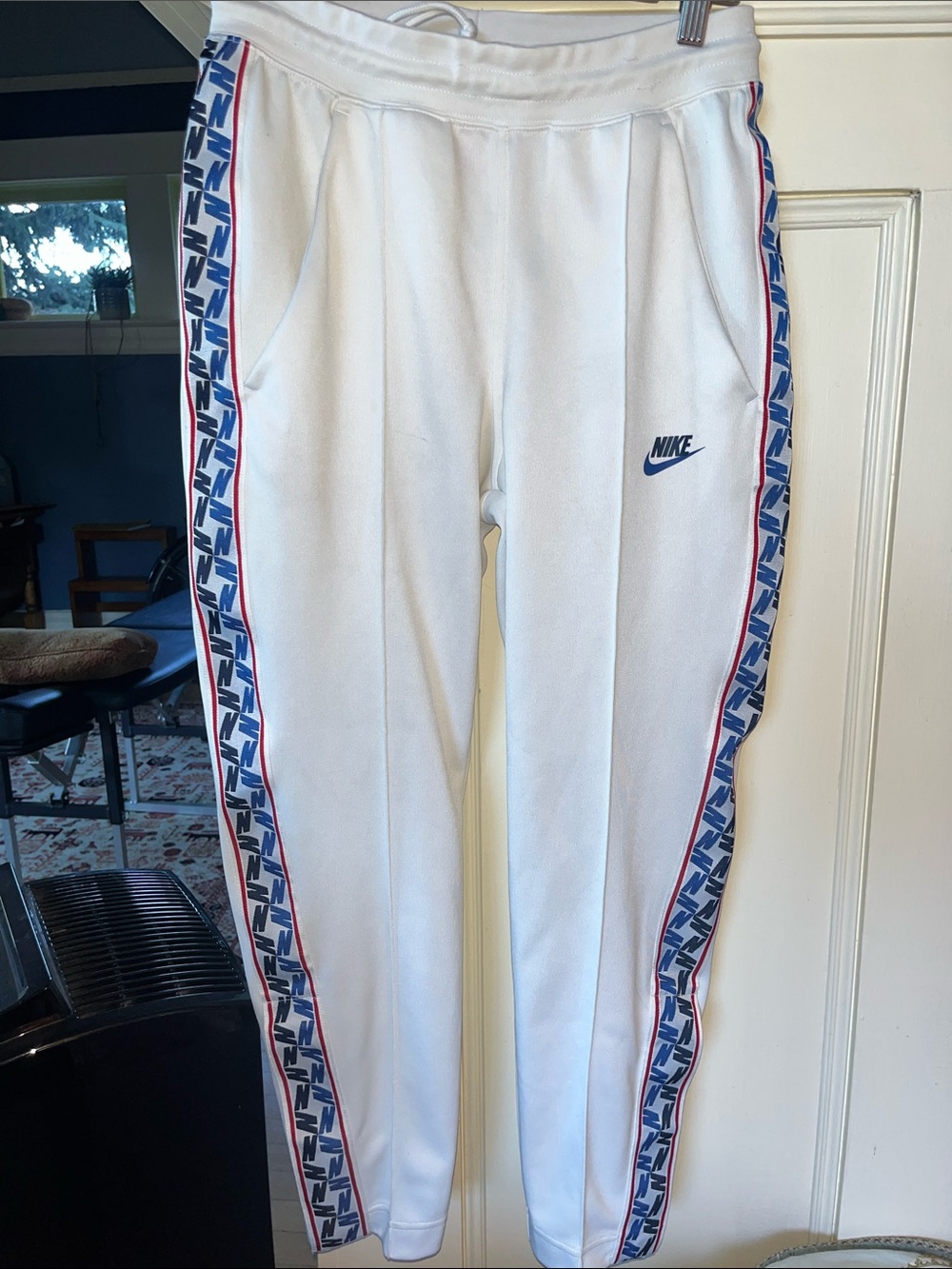 Nike White futbol soccer sweats with Blue Logo and Red-Trim Side Tape